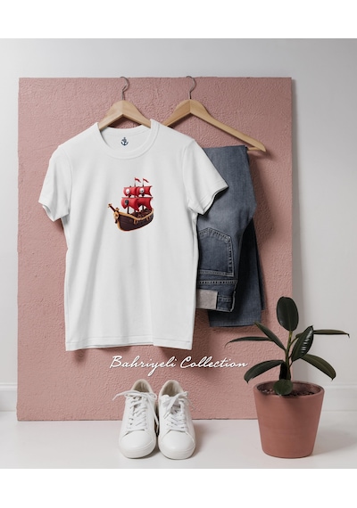 Oversize Playful Pirate Ship Toy With Red Sails Tasarımlı Unisex T-shirt Beyaz