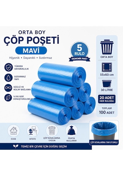 Orta Boy Mavi Çöp Poşeti 55x60 Cm 30 Litre 5 Rulo X 20 Adet Toplam 100 Adet Dayanıklı Sızdırmaz Çöp Torbası