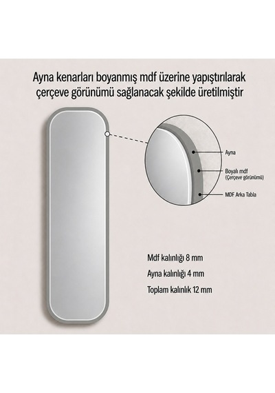 Modern Oval Boy Aynası 40x120 Cm Yuvarlak Hatlı Minimalist Dekoratif Duvar Aynası 2026 Trend Gümüş