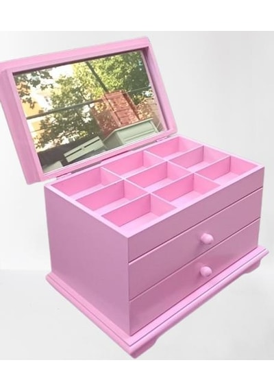 Takı Şifonyer 90390 Makyaj Kutu 2çekmece Aynalı Parlak Pembe Ahşap Mdf El Yapım