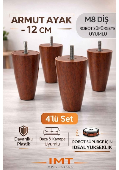 İmt Aksesuar Armut Mobilya Ayağı 4 Adet 12 Cm Ceviz Robot Süpürgeye Uyumlu Koltuk Kanepe Baza Ayağı Seti Ceviz