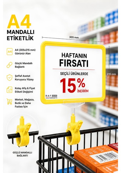A4 Mandallı Fiyatlık Etiketlik Sepet Raf Askılık Fiyat Etiketi Çerçeveli Market Mağaza Sarı
