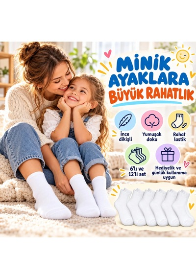 Woman And Kids Wak Çocuk Beyaz Çorap 6'lı Set İnce Dikişli Yumuşak Nefes Alabilen Okul Günlük Rahat Çorap 5-11 Yaş Seti