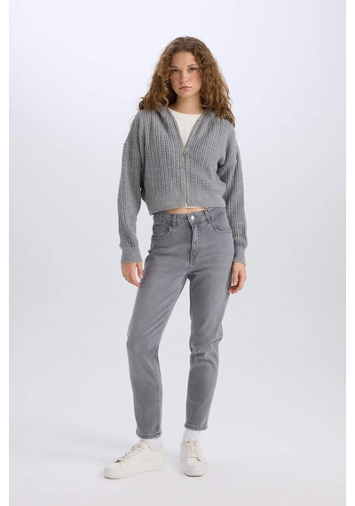 DeFacto Regular Fit Kapüşonlu Fermuarlı Triko Hırka E2269AXNSGR90 Gri