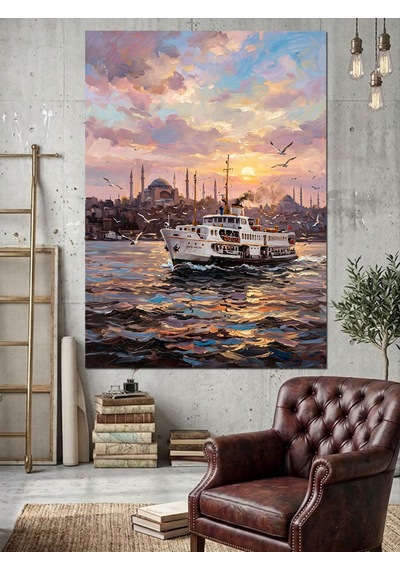İstanbul Boğazında Vapur Gün Batımı Dekoratif Kanvas - Mdf Ahşap Tablo Çok Renkli