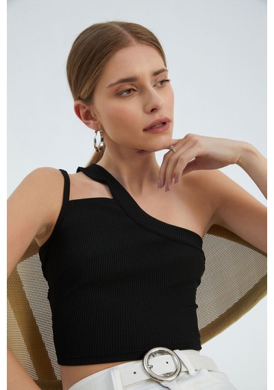 Hiccup Tek Omuzlu Kesik Crop Top Siyah