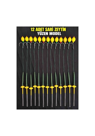 12 Adet Sarı Zeytin Yüzen Model Sazan Olta Takımı Büyük Iğneli Hazır Rig Ve Boli Seti