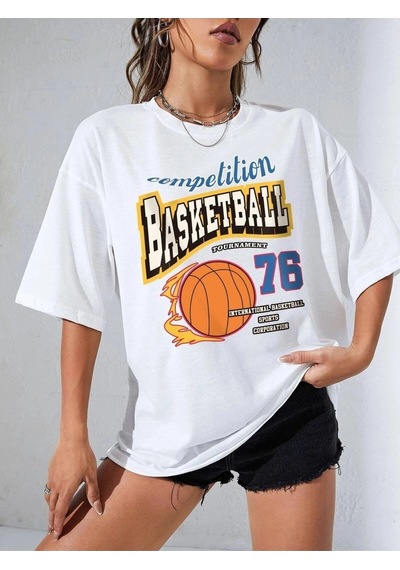 Startmore Kadın Beyaz Basketball Tournament Baskılı Oversize Tişört Beyaz
