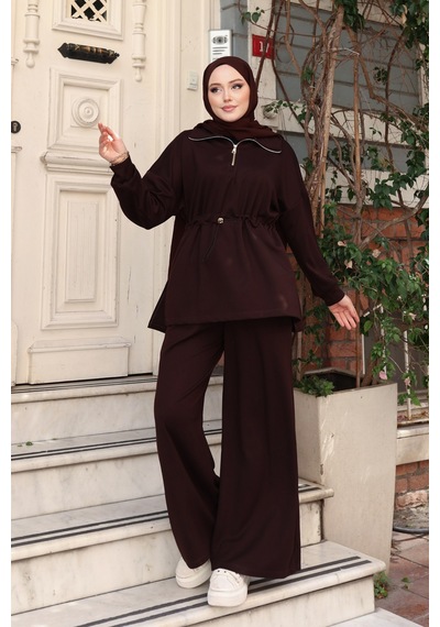 Balenbi Kadın Oversize Kesim Fermuarlı Yaka Bel Stoperli Modal Takım 1234 Kahverengi