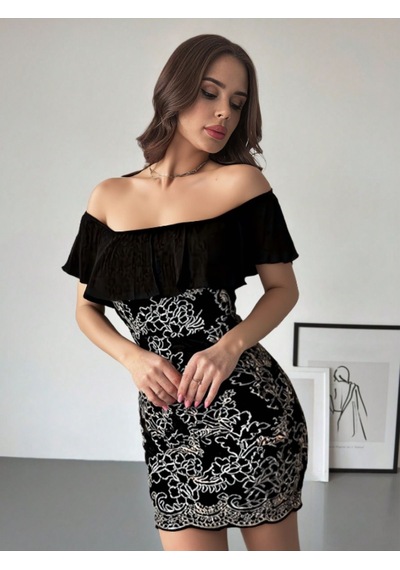 Fashion Cocktail Siyah Simli Nakışlı Pileli Işlemeli Düşük Omuz Kokteyl Davet Abiye Elbise Siyah Siyah Fashion Cocktail Siyah Simli Nakışlı Pileli Işlemeli Düşük Omuz Kokteyl Davet Abiye Elbise Siyah Siyah