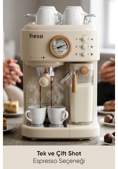 Fressi Mavera Ahşap Detaylı Espresso Kahve Makinesi 20 Bar Em-411 Krem
