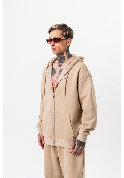 Erkek Respire Yazı Detaylı Kapüşonlu Basic Zip Oversize Hoodie Bej