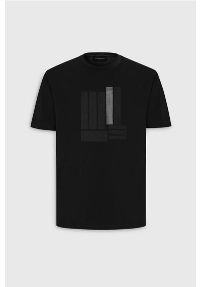 AC&Co / Altınyıldız Classics Erkek Sıyah Slim Fit Dar Kesim Pamuklu Esnek Baskılı Bisiklet Yaka Tişört Siyah