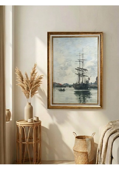 Yelkenli Gemi Tablosu Vintage Gold Çerçeveli 60x80 Cm