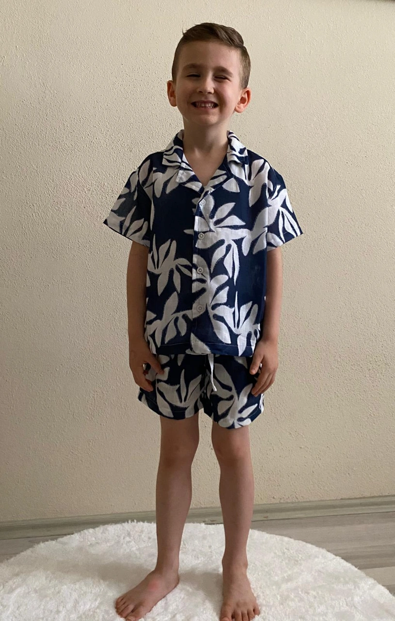 Cg Kids Lacivert Ince Keten Yaprak Desen Kaliteli Kumaş Erkek Çoc Lacivert