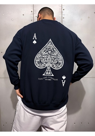 Uyguntarz Unisex Maca Asi Baskılı Oversize Sweatshirt Lacivert