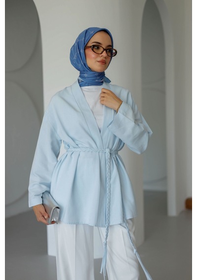 Moonsc Keten Kimono Kemerli Mavi