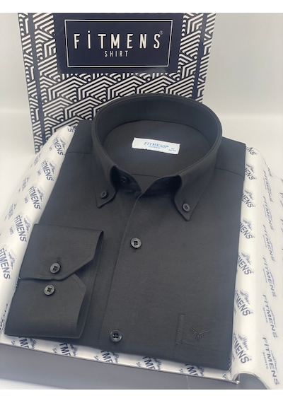 Klasik Uzun Kol Pamuklu Yaka Düğmeli Hediye Kutulu Kolay Ütülenebilir Erkek Gömlek Fs-003897 - Siyah-2675
