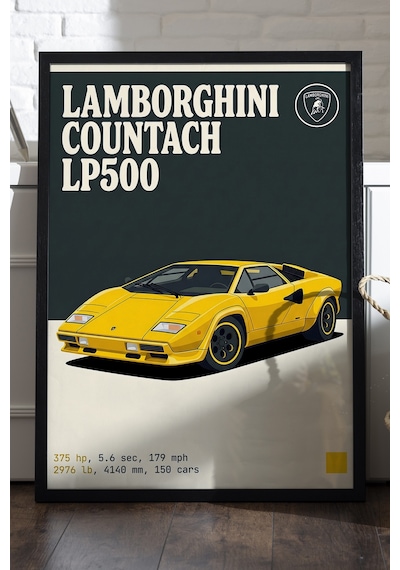 Lamborghini Countach Lp500 Siyah Ahşap Çerçeveli Poster, Dekoratif Araba Duvar Tablosu