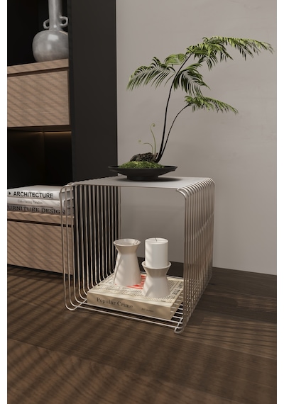 Miami Minimalist Metal Tel Yan Sehpa Modern Küp Yan Sehpa & Modüler Kitaplık Gümüş