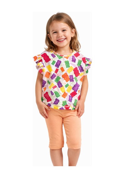 Haribo Lisanslı Fırfırlı Kollu Desenli T-shirt Tayt Takım Mor