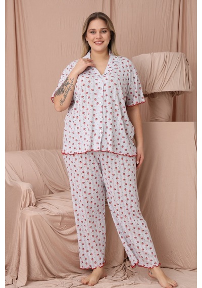 Wordex Mirano 1850 Çilekli Pointel İnce Kumaş Düğmeli Kısa Kollu Büyük Beden Kadın Pijama Takımı Gri Wordex Mirano 1850 Çilekli Pointel İnce Kumaş Düğmeli Kısa Kollu Büyük Beden Kadın Pijama Takımı Gri