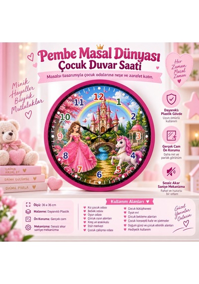 Pembe Masal Dünyası 36 X 36 Cm Çocuk Duvar Saati