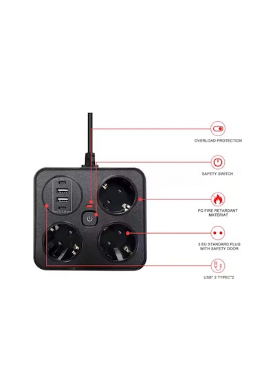 Akım Korumalı Anahtarlı Priz - 3x Priz - 2x Usb - 2x Type-c - 2 Mt Kablo Hızlı Şarj Özellikli Siyah Standart