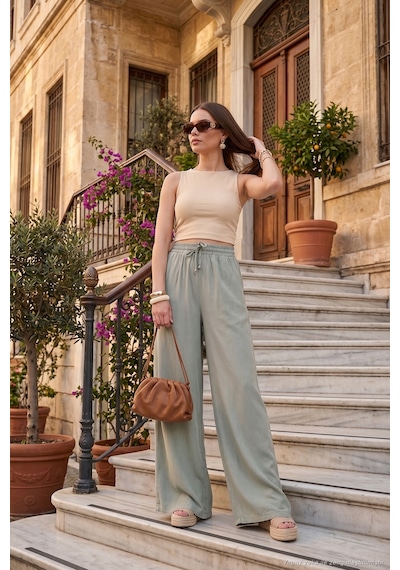 Lela Pamuklu Relaxed Fit Yüksek Bel Geniş Paça Pantolon Bayan Pantolon 668yp5559 Açık Haki