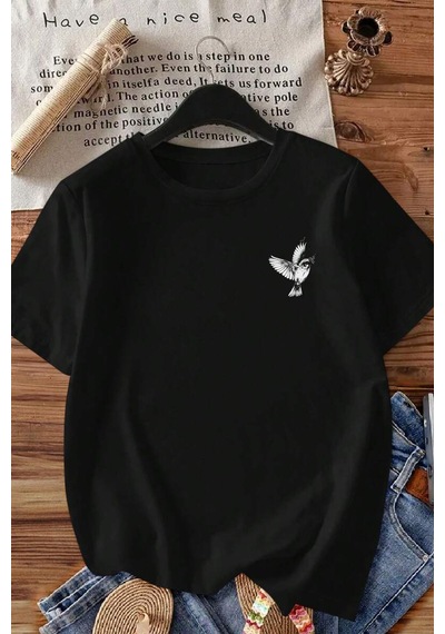 Spoyi Floral Wings Tasarımlı %100 Pamuk Yarım Oversize Siyah T-lhirt