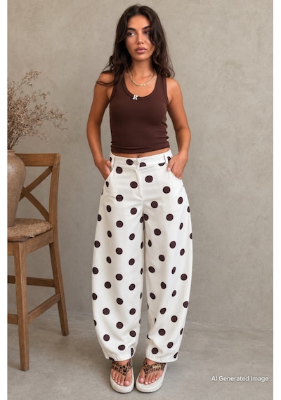 Madmext Ekru Puantiyeli Beli Lastikli Balon Kadın Pantolon Mg2886