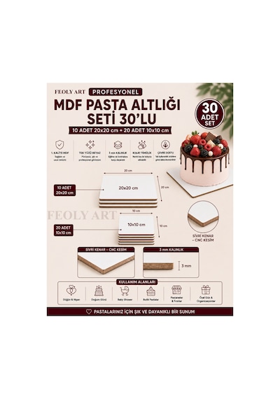 Profesyonel Mdf Pasta Altlığı Seti 30'lu 10 Adet 20x20 Cm + 20 Adet 10x10 Cm 2,7-3 Mm Tek Yüzü Beyaz Beyaz / Kahverengi