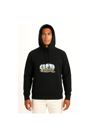 Bahriyeli Collection Kapüşonlu İstanbul - Ayasofya Camii Ve Çay Göğüs Tasarımlı Unisex Sweatshirt Siyah