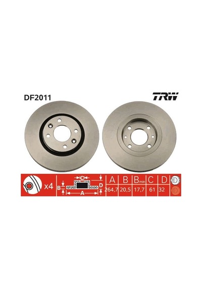 Trw Df2011 Ön Fren Diski R21 89 94 2.0ie 2.1 D Turbo 264.5x20.5x4delik 7700764193-7701467955 1 Takım