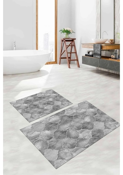 Buççin Online Mağaza Dijital Baskılı Yıkanabilir Kaymaz Taban Kupa Desenli Banyo Paspası Klozet Takımı Polyester Gri Çok Renkli