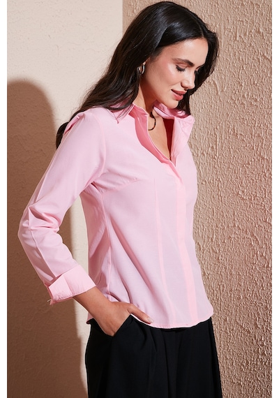 Lela Pamuklu Slim Fit Klasik Yaka Bayan Gömlek 6777423 Şeker Pembe