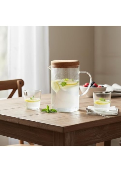 Tr Mantar Kapaklı Borosilikat Cam Sürahi 2 Litre - Isıya Dayanıklı Minimalist Karaf Ve Detoks Şişesi