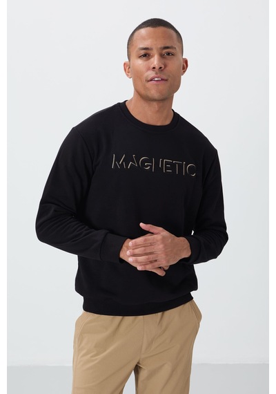 Tommy Life Siyah Yazı Nakışlı O Yaka Rahat Form İçi Polarlı Erkek Sweatshirt - 88020 Siyah