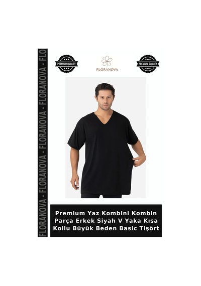 Floranova Premium Yaz Kombini Kombin Parça Erkek Siyah V Yaka Kısa Kollu Büyük Beden Basic Tişört
