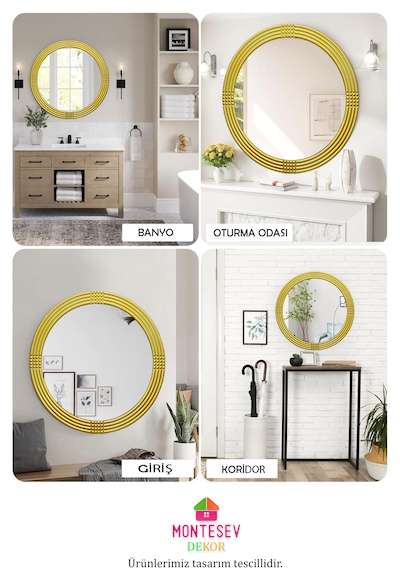 Afir Ahşap Gold Yuvarlak Ayna Işlemeli Duvar Banyo Aynası 69 Cm Gold