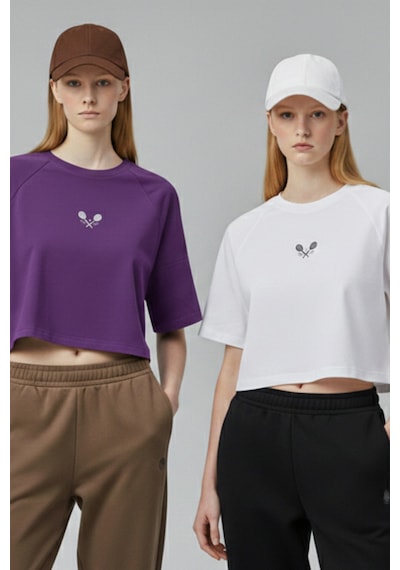 Soft&Basic Kadın Nakışlı Regular %100 Organik Pamuk Yuvarlak Yaka Kısa Crop T-shirt Mor-beyaz