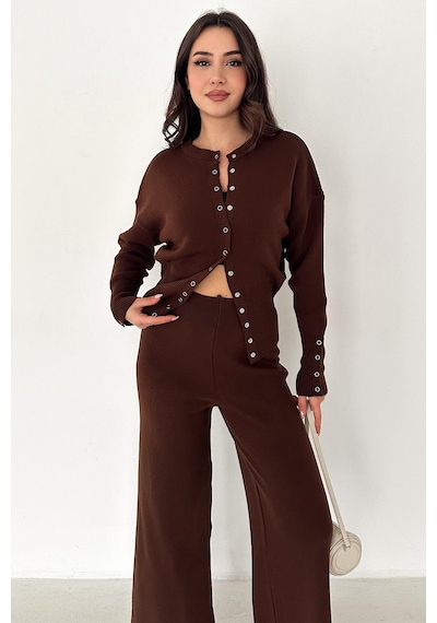 Kadın Bol Paça Triko Takım Knit Flow Kahverengi