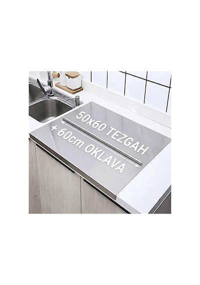 Gkd Üst Kalite Paslanmaz Çelik Mutfak Tezgah Koruyucu 50x60cm + 60 Cm Alüminyum Oklava Set Gri