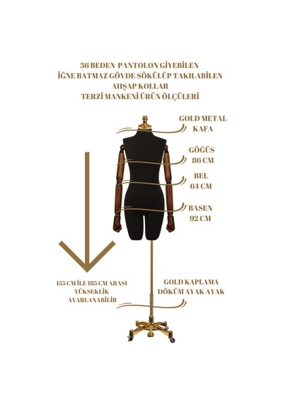 Gold Ayak Pantolon Giyebilen 36beden Ahşap Kollu Terzi Mankeni 8