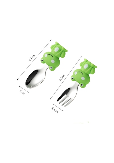 Kurbağa Figürlü Premium Çocuk Bpa Free Silikon Sap Paslanmaz Çelik Uçlu Çatal-kaşık Set 9+ Ay