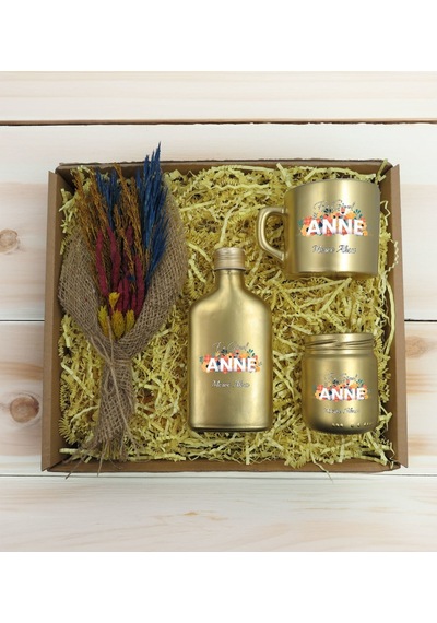 Bk Gift Kişiye Özel İsimli Dtf Anne Temalı Gold Kahve Fincanı & Kolonya & Mum & El Yapımı Kuru Çiçek Buketi Hediye Seti-2, Anneye Hediye, Anneler Günü