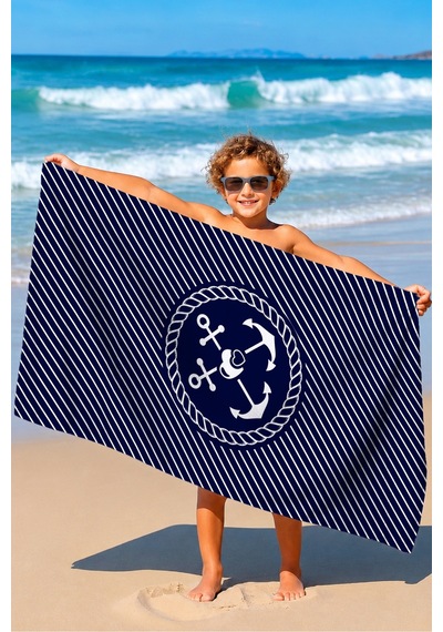 Çapa Marine Çizgili Plaj Havlusu - Lacivert Beyaz Nautical Modern Hızlı Kuruyan Mikrofiber Havlu Kumlu Yasemin