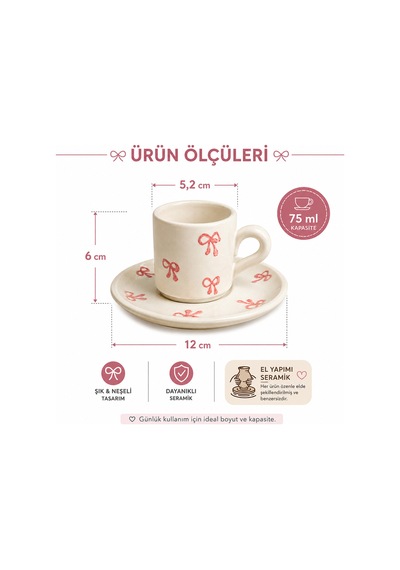 El Yapımı Seramik Türk Kahvesi Fincan Takımı,2 Kişilik-4 Parça Fincan Seti,75 Ml Çok Renkli - Pembe Kurdele Desen