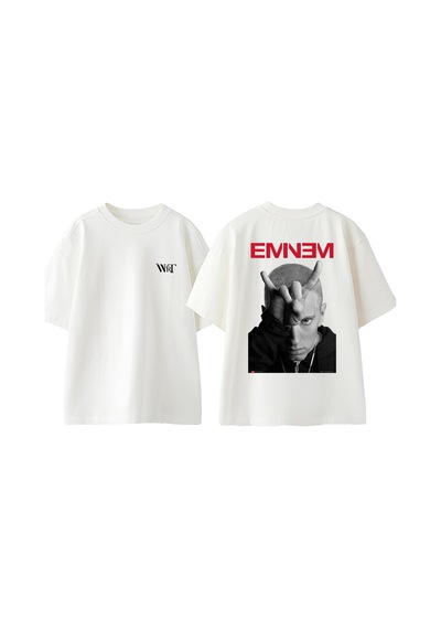 Thewert Eminem 4 Tasarım Sırt Baskılı Pamuk Beyaz Oversize T-shirt