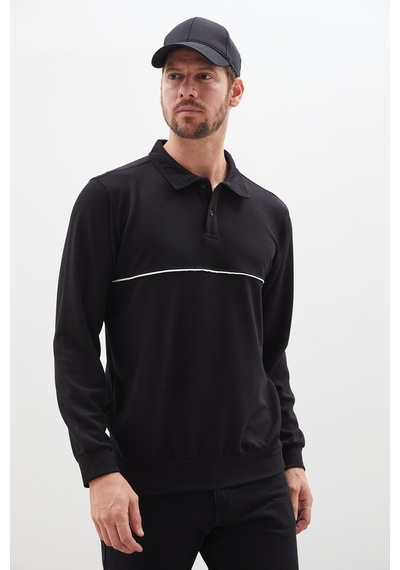 Fullamoda Çizgili Polo Yaka Yarım Düğmeli Sweatshirt Siyah